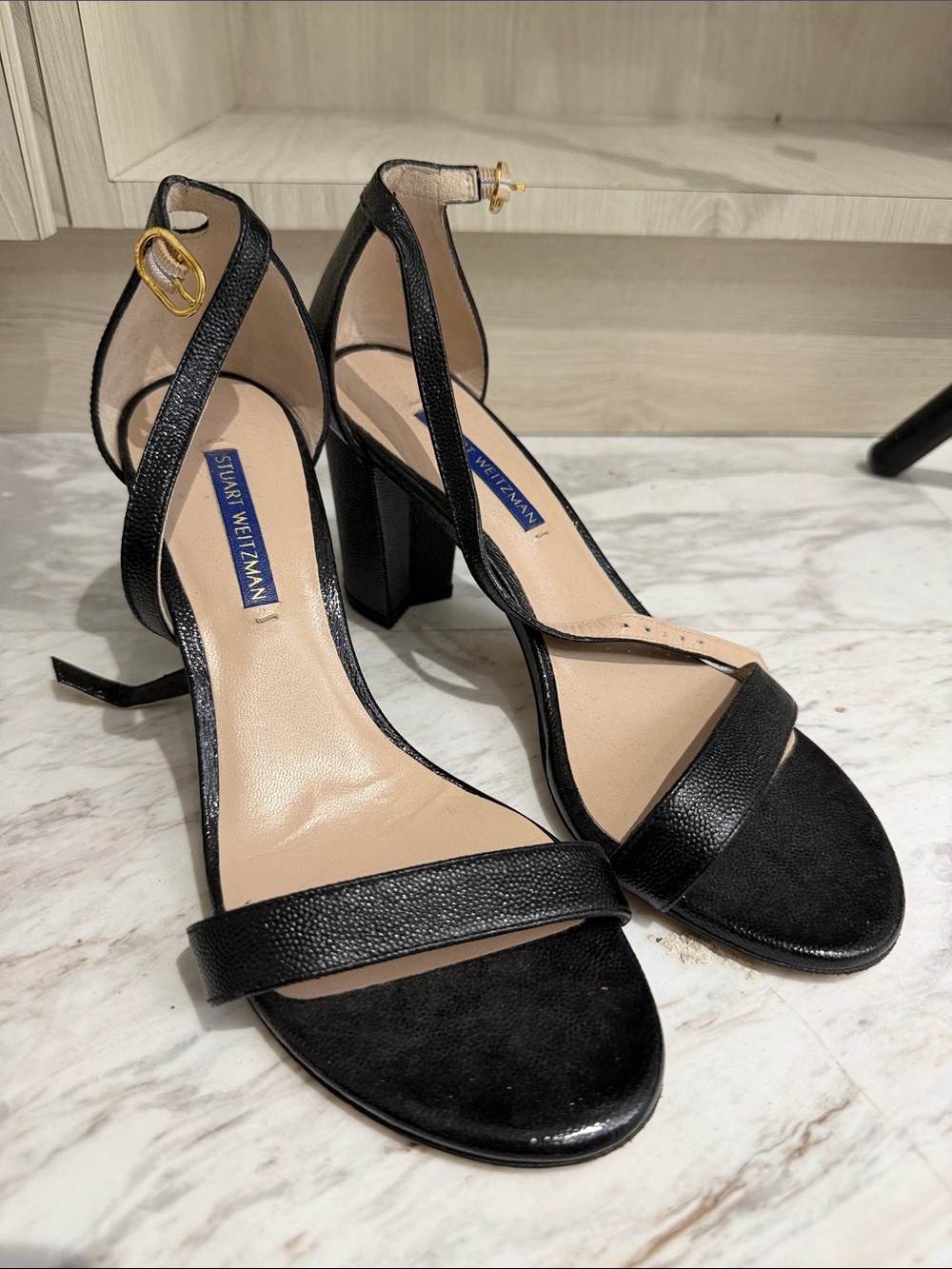 Stuart Weitzman Black Leather & Suede Ankle Strap Block Heels